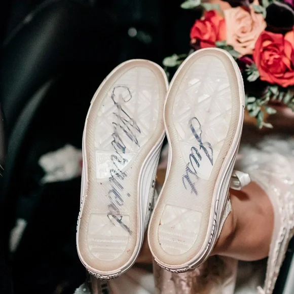 Wedding MRS Converse White Textured Sneakers with Ribbon Laces - Picture 7 of 8